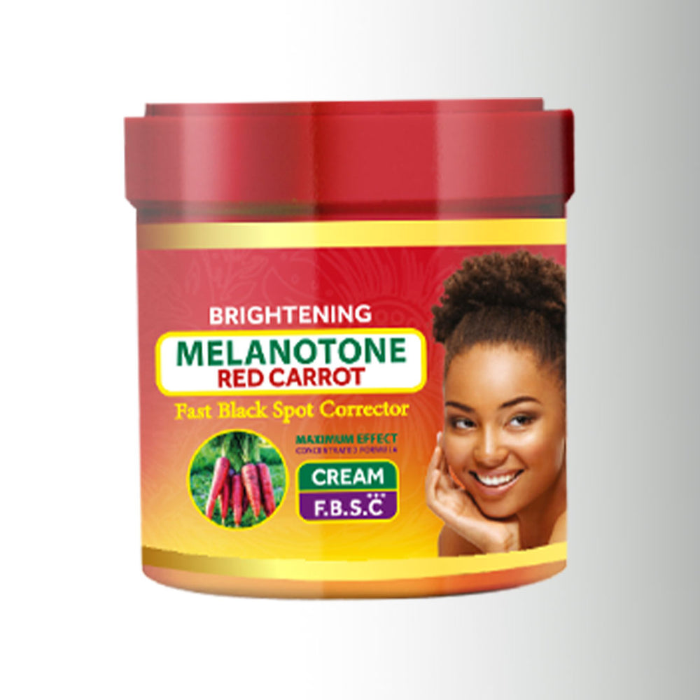 Melanotone Red Carrot cream jar with a woman's face on the label against a white background