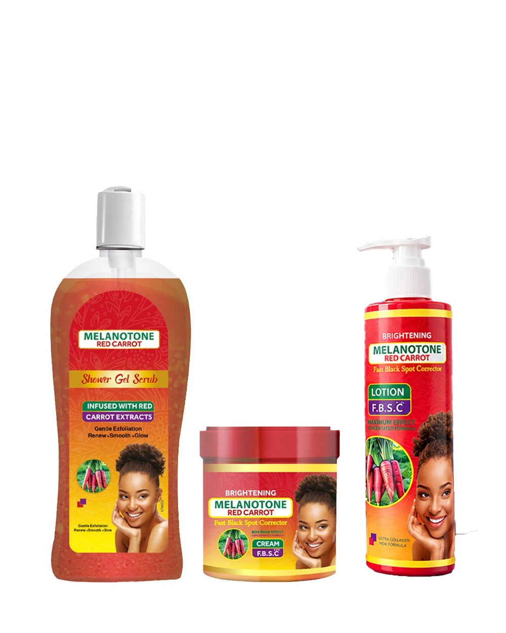 Melanotone Red Carrot Brightening & Dark Spot Corrector Set – Cream, Lotion & Shower Gel Scrub
