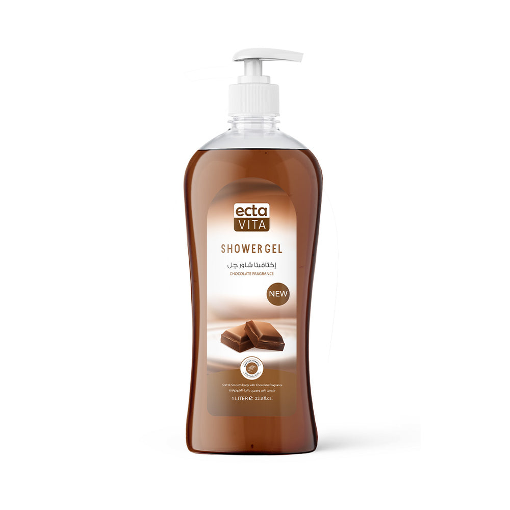 Brown bottle of ectavita chocolate shower gel with pump on a white background